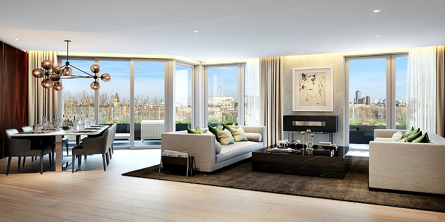 The spacious, light-filled reception/dining room boasts picture windows and wooden slats flooring